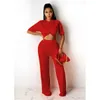 2020 Best Quality Famous Brand 2 pcs Women Set Solid O-neck Short Sleeve Short Tops Straight Long Pants Casual Outfits Y0625