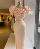 Elegantes vestidos de noche de tubo Apliques de encaje Cuello alto con volantes Manga casquillo Vestidos de baile vestido de novia CG001