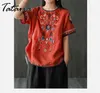 Floral Embroidery Cotton Linen T-shirt Women Arts Style Summer Short Sleeve Loose Vintage Tee Shirt Red Femme Tops 3XL 4XL 210514