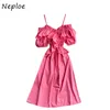 Neploe Summer Sexy Shoulder Strapless Camis Dress Women High Waist Hip A Line Short Sleeve Vestidos Solid Robe 210510