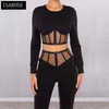 Isarose Women 2 Sztuk Zestaw Siatki Talia Sexy Crop Topy Wysoka talia Długość Długość Długość Moda Czarne Bandaż Odzież Zestawy 210422