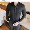 Camisas casuais masculinas de estilo coreano de outono botão de colar de manga longa para baixo Fit Regular White Black Social Shirt 210331