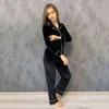 HiLoc Winter Velvet Pajamas For Women Two Piece Set Thick Long Sleeve Sleepwear Warm Solid Home Suit Nightwear Black Pajama 211112