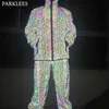 Mens reflekterande jacka färgstarka linje män sportjacka mode ljusa män hoodie jackor glänsande cool hip hop män casual kostym set 210524