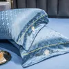 Royal Satin Lisse Ensembles de Literie Bleu Argent Champagne Linge de Lit Reine King Size 220x240 Broderie Housse de Couette