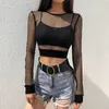 2020 Nieuwste Hot Vrouwen Sexy Crop Top Sheer Mesh Visnet Lange Mouwen T-shirts Vrouwelijke Sexy Hollow Out Stretch t-shirt Clubwear X0628