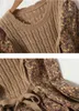 秋のビンテージプリントドレス冬の韓国のスプライシングの包帯スリムな編み物ミディファッションかわいいCorduroy花の女性210420