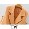 TRAF Women Fashion With Belt Office Wear Wrap Vest Coat Vintage Notched Collar Sleeveless Female Waistcoat Chic Tops 210415