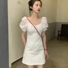 Sweet Lace Embroidery Stitching Cross Lacing Up Puff Sleeve Short Dress Fashion Woman Bodycon White Club Mini 210519