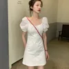 Sweet Lace Embroidery Stitching Cross Lacing up Puff Sleeve Short Dress Fashion Woman Bodycon White Club Mini 210519