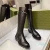 Topkwaliteit Luxe Designer Laarzen Dames Metalen Knop Ketting Schoenen Leer Lage Hak Hoge Hakken Boot Winter00