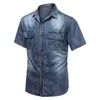 Light Blue Men's Denim Shirts Short Sleeve Thin Cotton Slim Elastic Jeans Summer High Quality Pockets Shirt 210809