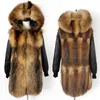 Kvinnors Fur Faux Kvinnor Lyx Lång Naturlig Raccoon Collar Mink Lining Coat 2021 Avtagbar Hooded Parka Jacka