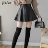 Jielur pu pleated skirt autunt women Solid Color Reather Slim High Waist Saia Faldas Chic Zipper Mini 220224