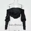 Colysmo Puff Sleeve Shirts Off Shoulder Top Elastic Lining Back Boning Zipper Buttons Black Satin Crop Fashion Women Blouses 210527
