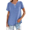 Frauen T-shirt Mode Solide V-ausschnitt Taste Slim T-shirts Sommer Kurzarm Brust Taschen Tops Casual Schwarz Blau 210526