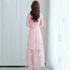 Groene jurk vrouwen chiffon mesh stiksels lange mouw herfst Koreaanse slanke roze fee maxi jurken vestidos feminina lr981 210531