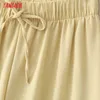 Tangada Letnie Kobiety Żółte Długie Spodnie Spodnie Vintage Styl Struszczący Talia Lady Spodnie Pantalon 7H03 210609