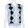 Oversize Argyle Modèle Pull tricoté Gilet Femmes Streetwear Col V Vintage Plaid Y2K Top 90s Loose Knitwear Outfit Femme 210510