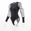 Mesh Puff Sleeve Elegante Bodysuits Tops Frauen Langarm Solid Bodycon Sexy Bodysuits Jumpsuit Vintage Club Körper Top Femme Y0927