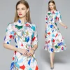 Fashion Runway Summer Midi Dress Women Half Sleeve Bow Collar Floral Chain Print Vintage Dress Kvinna Holiday A-Line Dress 210514