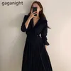 Cargo Women Pleated Maxi Dress Long Sleeve Turn Down Collar Solid A Line Dresses Office Lady Chic Korean Vestidos 210601