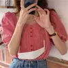 Geometrisk Square Collar Plaid Stilig Elegant Casual Kort Hög midja Söt All Match Lös T-shirts Toppar 210525