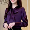 Spring Womens Toppar och blusar koreanska stil Blusas mujer mode kvinnor skjortor båge solid chiffong blus kontor dam 210527