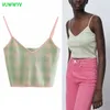 Green Plaid Knitted Crop Top Women Blouses Summer Slim Backless Slip Sweater Woman Fashion Streetwear Tunic Female 210430