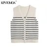 Women Fashion Button-up Striped Knitted Vest Sweater V Neck Sleeveless Female Waistcoat Chic Tops 210420