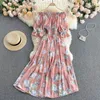 Singreiny Kobiety Off Ramię Kwiatowa Dress Sexy Slash Neck Rękawem Puff Rękaw Ruched A-Line Sukienka Lato Boho Drukuj Szyfonowa Plażowa Dress 210419