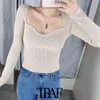 TRAF Women Fashion With Sweetheart Neck Cropped Knitted Sweater Vintage Long Sleeve Fitted Female Pullovers Chic Tops 211103