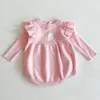 Spring Autumn Infant Baby Girls Loving Heart Fly Sleeve Rompers Clothing Kids Girl Long Knit Clothes 210429