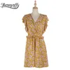 Surplice Neck Frill Trim High Waist Dresses Summer Women Holiday Boho Casual Ruffle Sleeve Floral A-Line Dress 210510