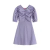 Kvinnor V Neck Puffhyle Kort A Line Mini Dress Summer Beach Kvinna Plaid Violet D1952 210514