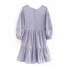 Élégant violet broderie coton robe femmes doux O cou lâche Mini dames lanterne manches été es Vestido 210515