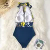 Navy Flo Ral Deep V-Neck Halter One-Piece Swimsuit Sexig Backless Lace Up Women Monokini 2021 Beach Badkläder Swimwear