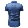 Short-sleeved Denim Shirt Men Leaf Print Jeans Male Casual Blouse Mens Clothing Slim Fit Blue Black Men's Shirts