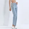 Łańcuch dżinsy dla kobiet Wysoka talia Hollow Out Straight Vintage Casual Blue Denim Spodnie Kobieta Moda Odzież 210521