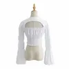 Lace Up White Katoen Blouse Tops Dames Sexy Front Cut Crop Summer Spring Elastische lange mouw backless Top Blusa 210427
