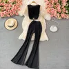 Women's Two Piece Pants Fashion High Waist Thin Bell Bottoms Small Foot Long Two-piece Suit Short Navel Exposed Square Neck Top 2021