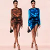 Sheer Mesh Tie Dye Sexy Ruched Body-con Mini Dress Women Long Sleeve O Neck Print Drawstring Tight Party Night Club Casual Dresses