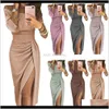 Party Dresses Apparel Ladies Sparkling Split Design Slim Bandage Club Dress Sheath Slash Neck Bodycon Long Solid Anxe0