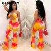 Donne Halter Backless Tie Dye Stampato Senza maniche Bell Bell BodyCon Tute Sexy Club Sulsuits 210702