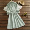 Mori Girl Fashion Kvinna Höst Vår Robe Vintage Plaid Dress Femininos Vestidos Ruffled Långärmad Kvinnor Corduroy 210520