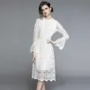 High-End Women's Spring Water-Soluble Lace Stitching Temperament Hook Flower Flare Sleeve Party Dresses 210529