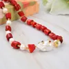 GuaiGuai Jewelry Red Coral White Pearl Necklace White Keshi Pearl Cz pave Pendant Handmade For Women Real Gems Stone Lady Fashion 1449459