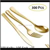 Sets Kitchen Dining Bar Home & Garden Drop Delivery 2021 75Pcs Disposable Gold Cutlery Plastic Wedding Party Tableware Bronze Gold2365