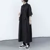 [EAM] Women Black Pocket Spliced Big Size Shirt Dress Lapel Half Sleeve Loose Fit Fashion Spring Summer 1DD8625 21512