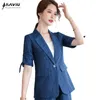 Bleu marine Blazer femmes été tempérament demi manches Plaid mince veste formelle bureau dames affaires travail hauts 210604